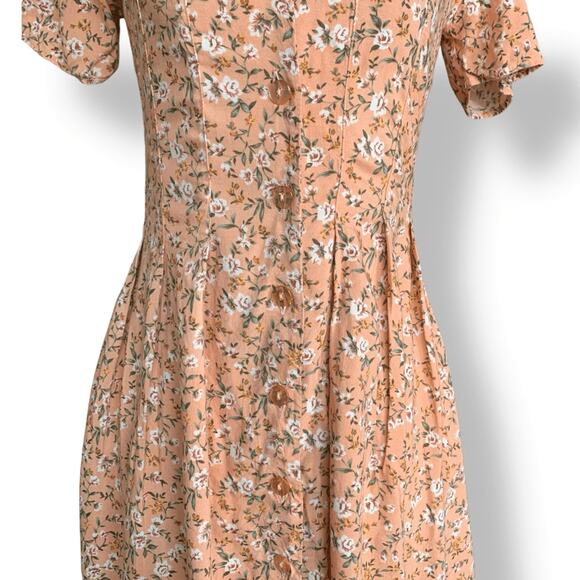 Vintage 90s Peach Floral Mini Dress Rayon Button Front Short Sleeve Scoopneck - Picture 3 of 11